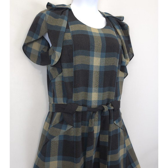 Nine West Shift Dress Plaid Gray Teal Belted Pedal Sleeves Women 14 Academia - Picture 2 of 15